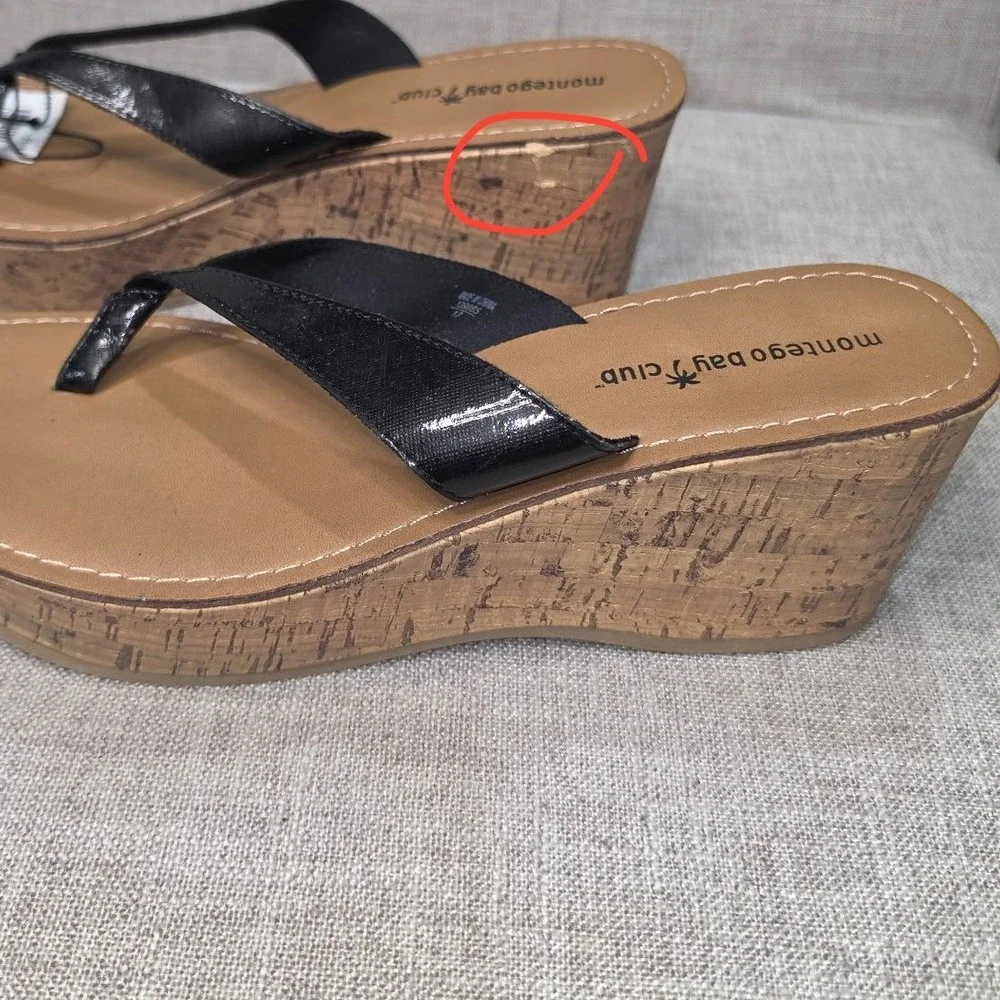 Y2K Montego Bay Club Womens Black Patent Cork Wedge Thong Sandals Size 9 139985